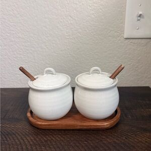 Hearth & Hand Cream Ceramic salt & pepper with Wooden Base